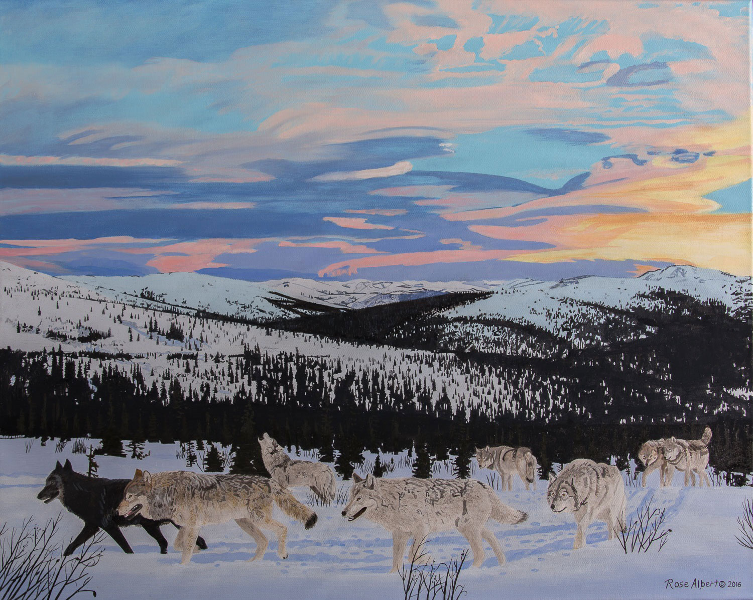 "Wolves hunting near Eagle Summit," Rose Albert. Photography: Jeff Schultz