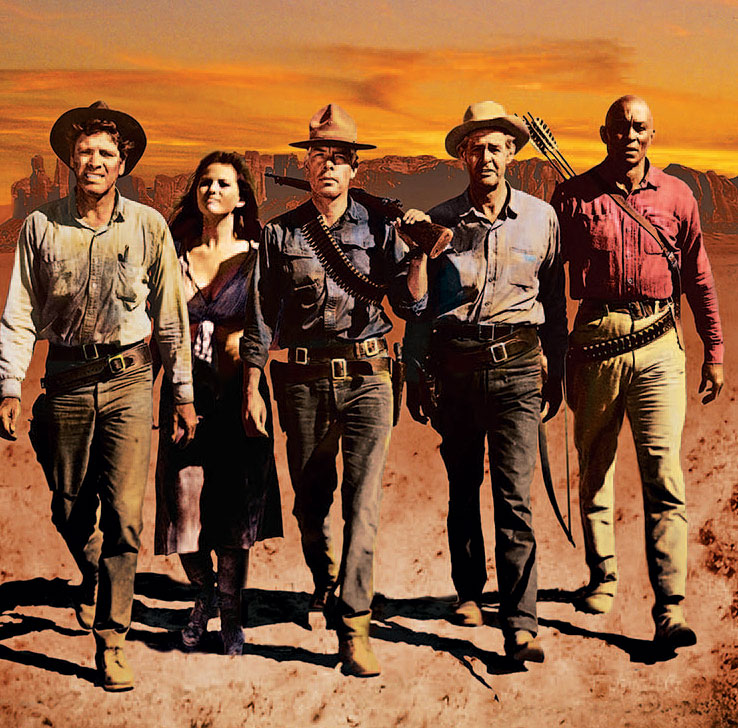 (From left) Burt Lancaster, Claudia Cardinale, Lee Marvin, Robert Ryan, and Woody Strode in The Professionals. Photography: Columbia Pictures/Photofest