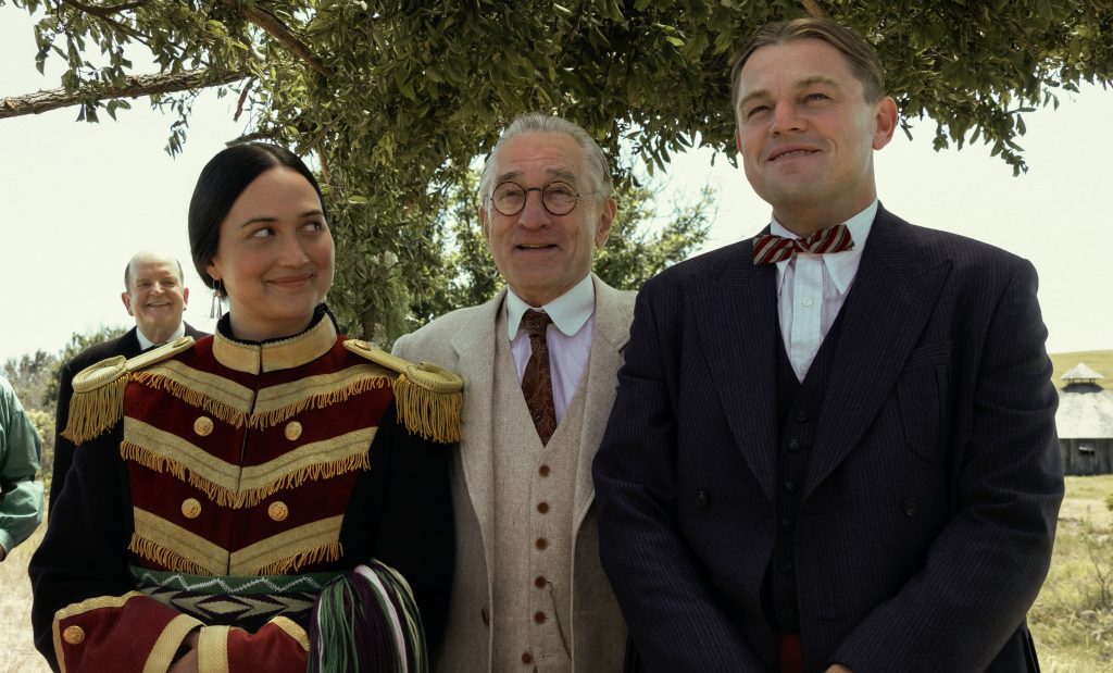Lily Gladstone, Robert De Niro and Leonardo DiCaprio in "Killers of the Flower Moon"