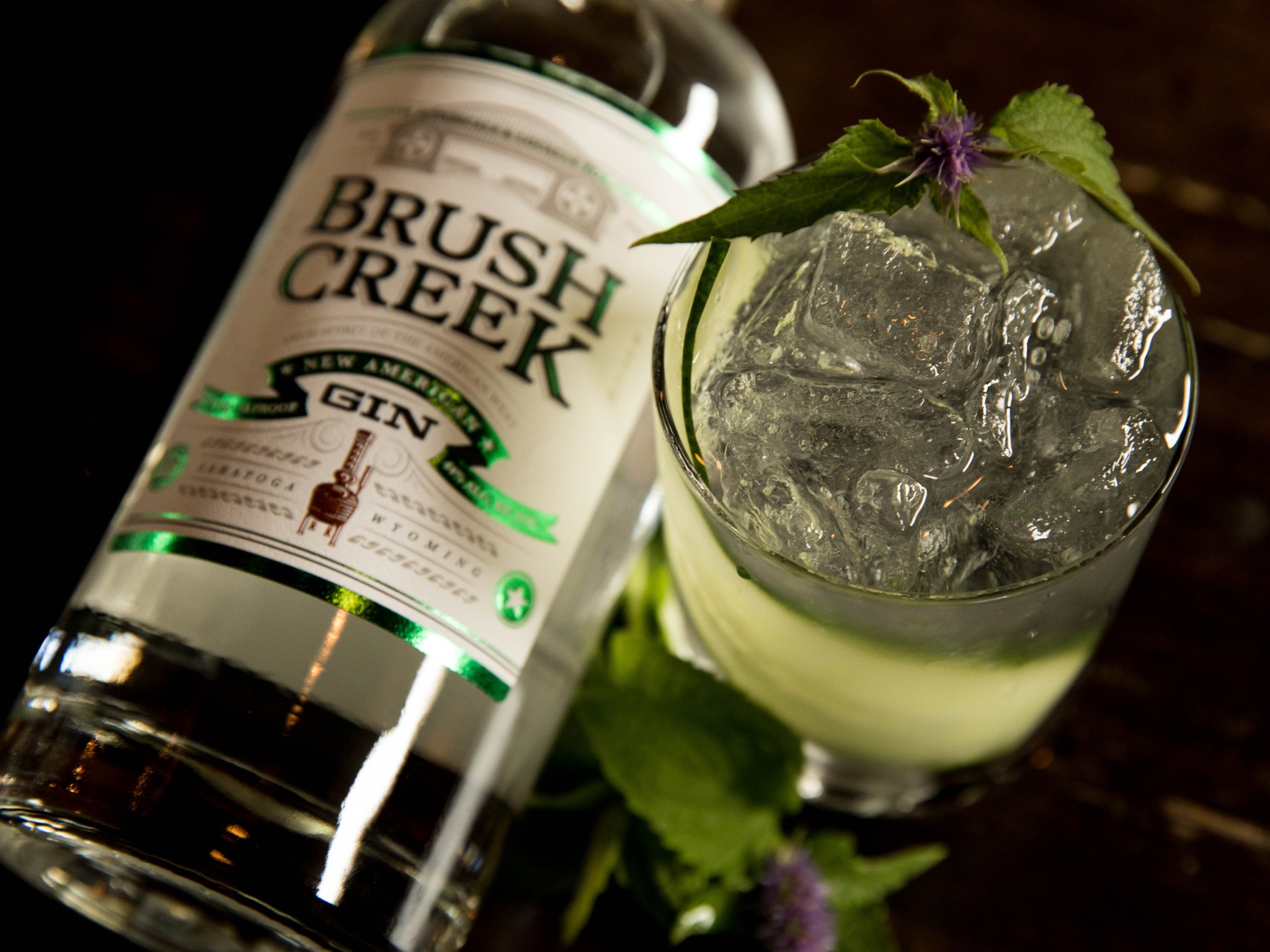 A green-tinted gin and tonic cocktail in a cocktail glass filled with ice and garnished with mint leaves sits next to a bottle of Brush Creek gin.