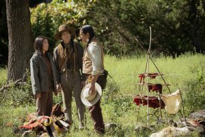 Aminah Nieves as Teonna, Jeremy Guana as Pete Plenty Clouds and Michael Spears as Runs His Horse in "1923"