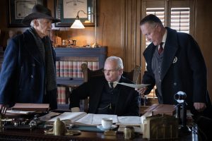 Harrison Ford as Jacob Dutton, Patrick Burch as Judge Roy Garrett and Robert Patrick as Sherriff McDowell in "1923"