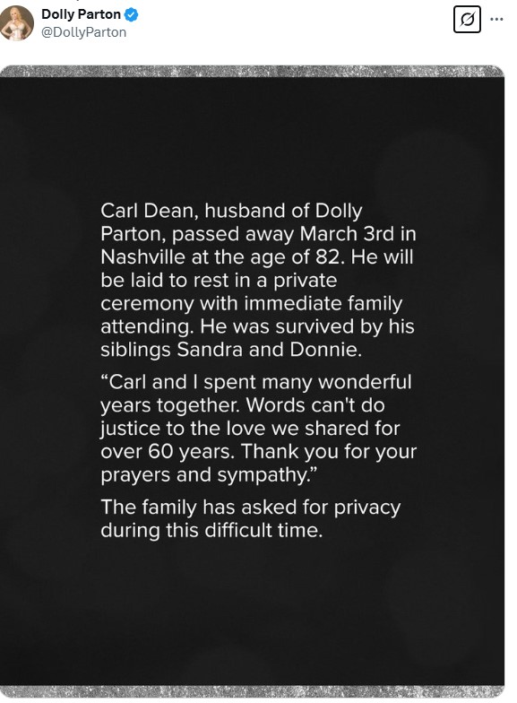 Dolly Parton social media announcement of husband's death